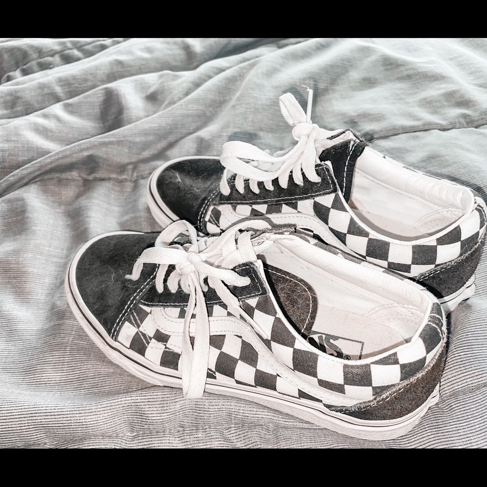 white and black checkered vans